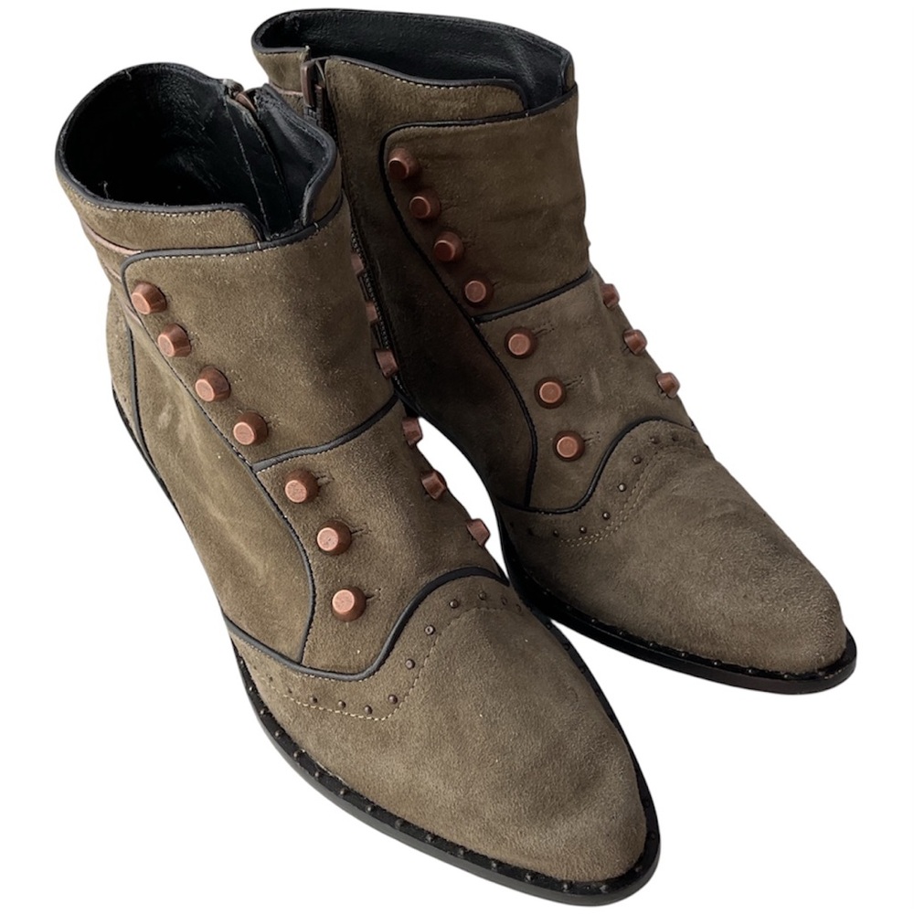 Ivy Kirzhner Soldier Stud Olive Suede Leather Ankle Boots Booties Women’s Size 6
